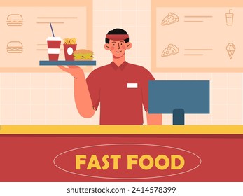 Fast food checkout concept. Man in red clothes with tray of takeaway eating. Junk products. Soda, french fries and burger, hamburger. Poster or banner. Cartoon flat vector illustration