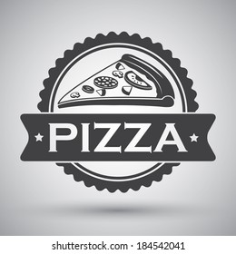 Fast food cheese tomatoes salami pepper pizza slice emblem vector illustration