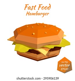 Fast food: cheeseburger, hamburger with cutlet, cheese and tomato isolated on white background. Low poly style. Design your menu diner bistro. Vector illustration.