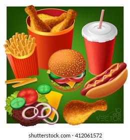 Fast food. Cheeseburger, hot dog, drink, chicken legs, fries, hamburger toppings, bucket of chicken.
