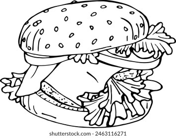 Fast food. Cheeseburger illustration, delicious popular food, vector image. Stylized images of food from fast food restaurants. Burger drawing