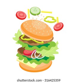 fast food, cheeseburger with tomatoes, cucumbers and salad, hamburger, Burger