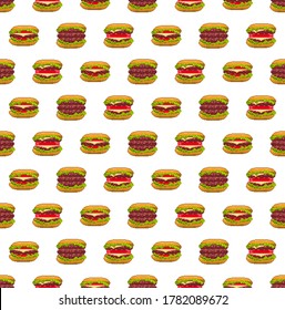 Fast food cheeseburger vector pixel art seamless pattern. With tomato and cheese. For illustration, advertising, print, web, poster, icon, pictogram, packaging, fabric, wallpaper