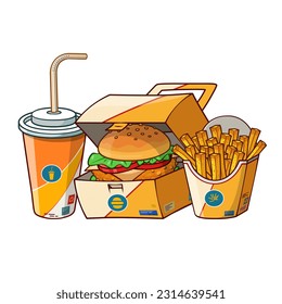 Fast food chicken burger menu vector illustration. Fast food menu cola, chicken burger and french fries vector set.