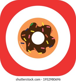fast food, chocolate donut with colorful chips. yellow, brown, green, red colors. vector image with white and red background