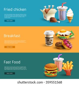 Fast food choice options online information 3 horizontal banners set with colorful pictograms abstract isolated vector illustration