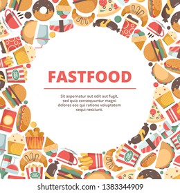 Fast food circle background. Burger meal cold drinks ice cream pizza and sandwich vector colored flat illustrations