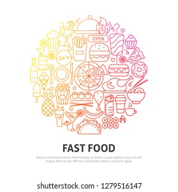 Fast Food Circle Concept. Vector Illustration of Outline Design.