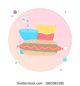 Fast food in circle icon vector illustration. Fast-food of French fries, hot dog icon and soda drink illustration. Set of flat fast food in round shaped icon.