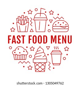 Fast food circle illustration with flat line icons. Thin vector signs for restaurant menu poster - burger, french fries, soda, muffin, coffee, ice cream. Junk food concept.