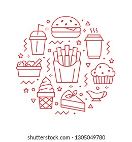 Fast food circle illustration with flat line icons. Thin vector signs for restaurant menu poster - burger, french fries, soda, salad, cheesecake, coffee, ice cream. Junk food concept.