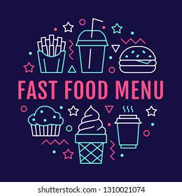 Fast food circle illustration with flat line icons. Thin vector signs for restaurant menu poster - burger, french fries, soda, muffin, coffee, ice cream. Junk food concept.