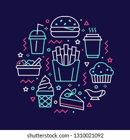 Fast food circle illustration with flat line icons. Thin vector signs for restaurant menu poster - burger, french fries, soda, salad, cheesecake, coffee, ice cream. Junk food concept.