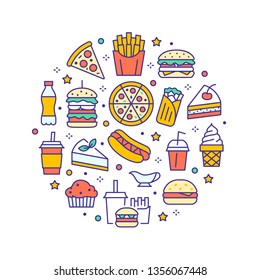 Fast food circle illustration with flat line icons. Thin vector signs for restaurant menu poster - burger, french fries, soda, pizza, hot dog, cheesecake, coffee, ice cream. Junk food colored concept.