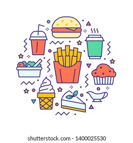 Fast food circle illustration with flat line icons. Thin vector signs for restaurant menu poster - burger, french fries, soda, salad, cheesecake, coffee, ice cream.
