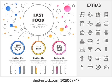 Fast food circle infographic template, elements and icons. Infograph includes customizable bar charts, line icon set with fast food, a piece of pizza, snacks, restaurant meal, unhealthy meal etc.