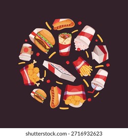Fast food circle. round shape background with different trash products burgers hotdogs drinks