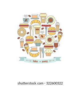 Fast food in circle shape and a ribbon with place for your text. Vector illustration.