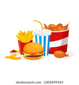 Fast food classic menu take away. American meal big set. French fries, soda, cheese burger, crispy chicken legs. Soft carbonated drink. Vector.