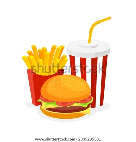 Fast food classic menu take away. American meal set. French fries, soda, cheese burger. Soft carbonated drink cup. Vector illustration in trendy flat style isolated on white background.