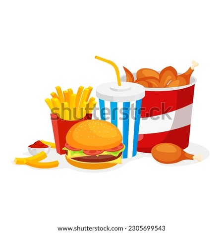 Fast food classic menu take away. American meal big set. French fries, soda, cheese burger, crispy chicken legs. Soft carbonated drink. Vector.