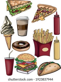 Fast food clip art - detailed vector  illustration - Set of high detailed Fast Food Dishes with Drinks and Desserts