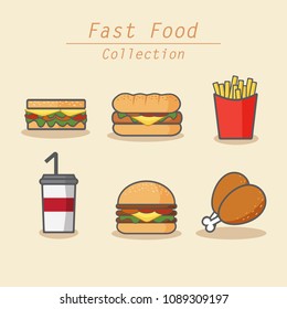 Fast food collection colored icons set line art cartoon style design vector eps10