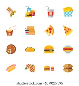 Fast food collection. Colorful flat icon set. American food, fat meal, snack. Meal concept. For topics like unhealthy eating, menu, fast food restaurant