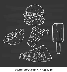 Fast food collection with doodle art on chalkboard background
