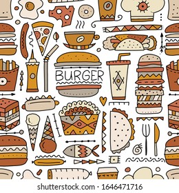 Fast food collection. Hamburger pizza sausages snacks sandwich ice cream. Food menu, seamless pattern for your design. Vector illustration