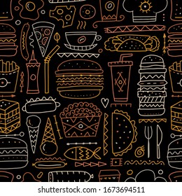 Fast food collection. Hamburger pizza sausages snacks sandwich ice cream. Food menu, seamless pattern for your design. Vector illustration