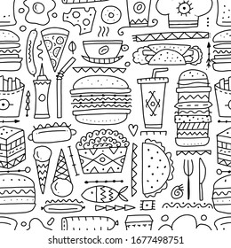 Fast food collection. Hamburger pizza sausages snacks sandwich ice cream. Food menu, seamless pattern for your design. Coloring page. Vector illustration