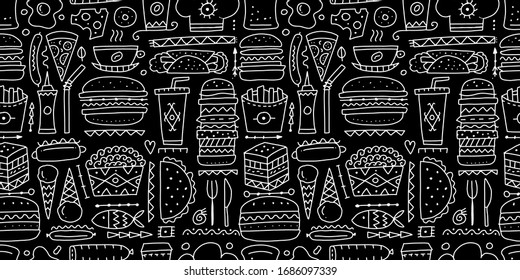 Fast food collection. Hamburger pizza sausages snacks sandwich ice cream. Food menu, seamless pattern for your design. Vector illustration