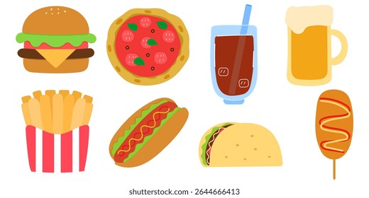 fast food collection including burger, pizza, fries, hot dog, soda and beer
