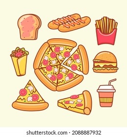Fast food collection isolated on yellow pastel background. Vector illustration.