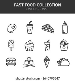 Fast food collection linear icons in black on a white background