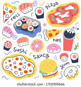 Fast food collection, menu food illustrations for delivery service, italian pepperoni pizza, japanese sushi rolls and philadelphia, trendy doodle hand drawn illustration, isolated vector.