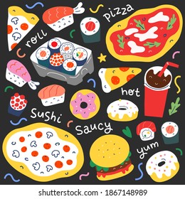 Fast food collection, menu food illustrations for cafe or delivery service, italian pizza, japanese sushi rolls and philadelphia, cola drink, doodle hand drawn illustration, isolated vector cliparts 