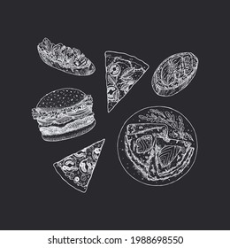 Fast Food collection. Pizza, crepes, burger, bruschetta. Blackboard illustrations. Vector illustration.