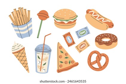 Fast food collection in retro colors. Snacks set on white background