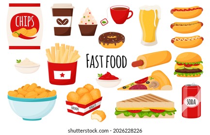 Fast food collection. A set of fatty, high-calorie, harmful food. Hamburger, hot dog, chips, French fries, chicken nuggets, pizza, chips . Flat cartoon style, isolated on white. vector illustration.