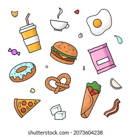 Fast food collection. Set of street food. Flat vector illustration isolated on white background.