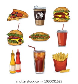 Fast food collection in style sketch on the white background. Vector illustration.