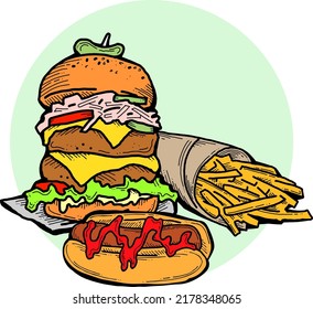 Fast food collection for tasty eating. Unhealthy junk snaks to take away for picnic outdoor. Hand drawn illustration for cafe, restaurant menu, poster or logo design. Cartoon style vector drawing.