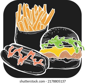 Fast food collection for tasty eating. Unhealthy junk snaks to take away for picnic outdoor. Hand drawn illustration for cafe, restaurant menu, poster or logo design. Chalkboard style vector drawing.