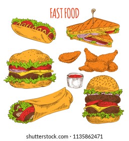 Fast food collection of tasty snacks colorful card, isolated on white background vector illustration of hot dog burgers sandwich burrito and nuggets