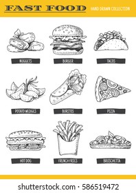 Fast food collection. Vector illustration of hand drawn food, including burger, hot dog, sandwich, pizza, french fries, nuggets, tacos and potato wedge, isolated on white.