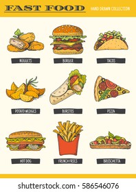 Fast food collection. Vector illustration of hand drawn color food, including burger, hot dog, sandwich, pizza, french fries, nuggets, tacos and potato wedge, isolated on white.