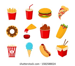 Fast food collection vector isolated. Set of junk food. Pizza slice and french fries, chicken leg and soda beverage. Tasty burger.