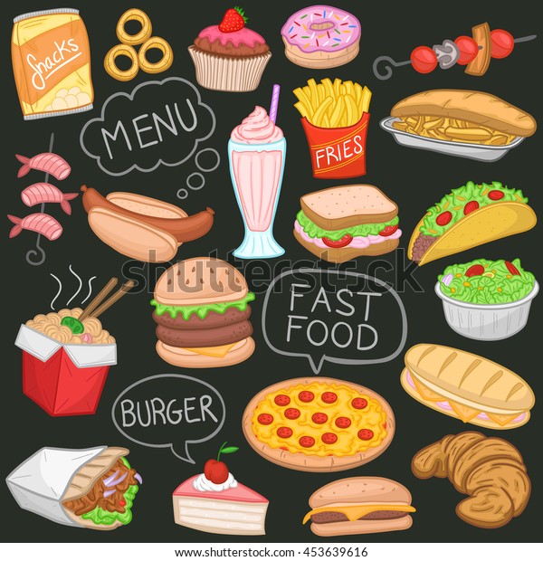 Fast Food Color Blackboard Doodle Icons Stock Vector (Royalty Free ...